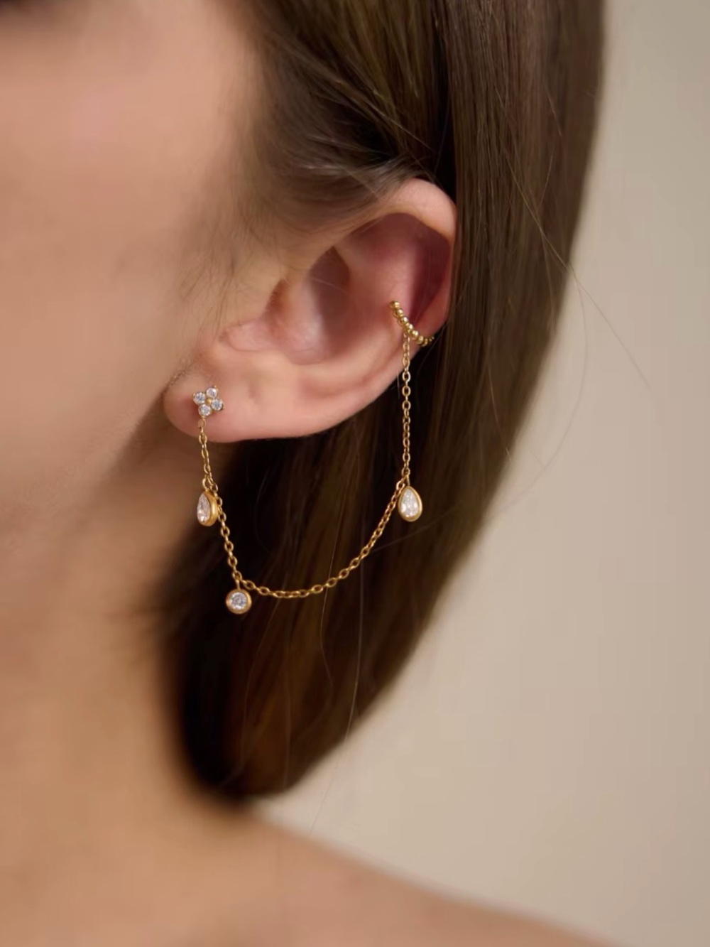 Gold Double-Stud Chain Ear Cuff with Pearl and Crystal Drops D150